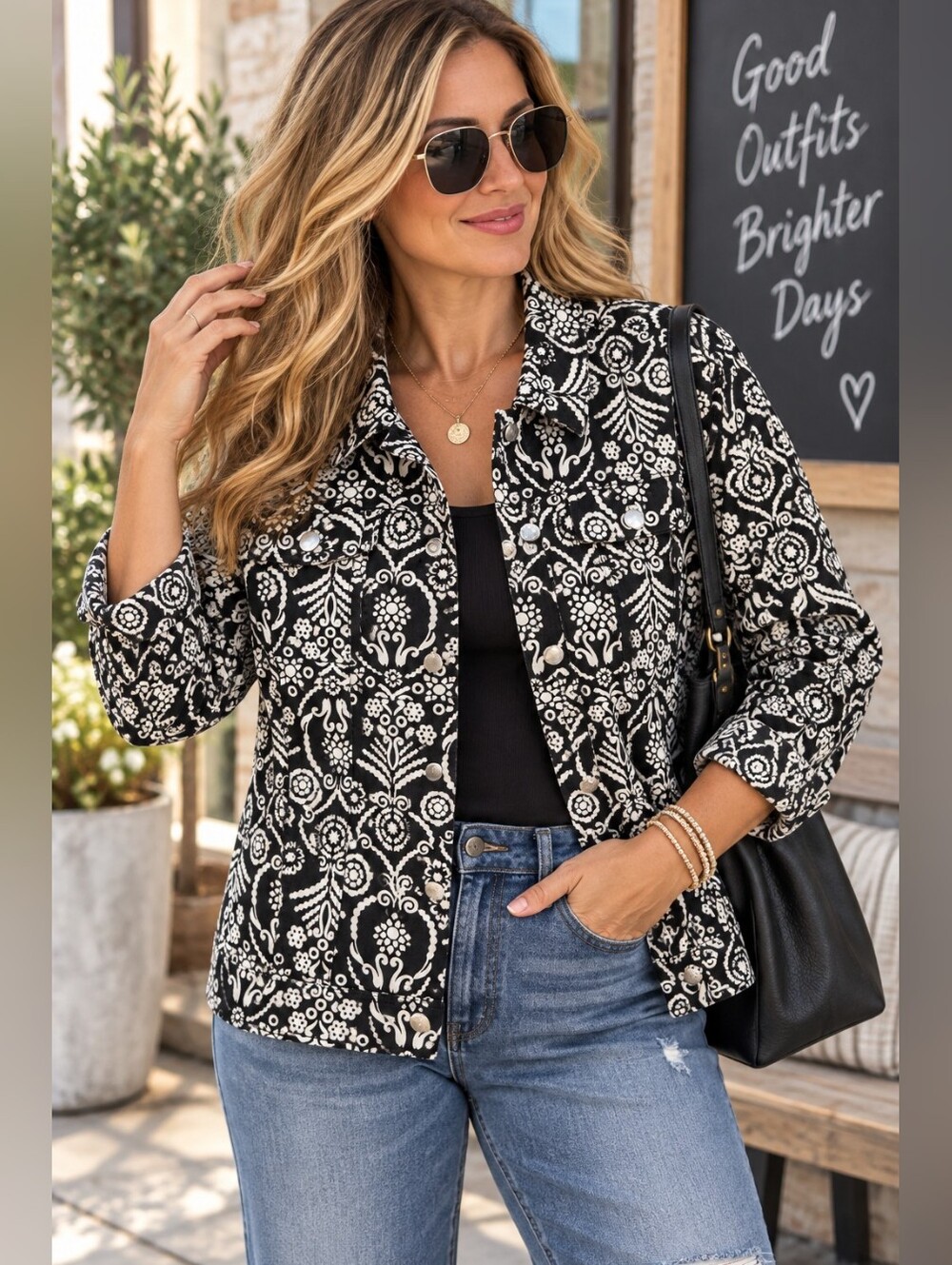 Vintage Liz Claiborne Black & White Floral Pattern Jacket Size 10